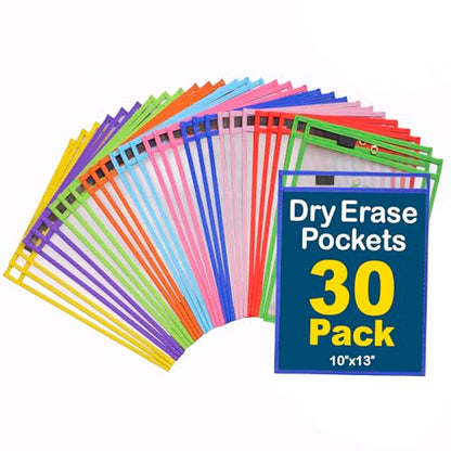 Dry Erase Pockets 30 Pack - 10 x 13 Reusable Dry Erase Pocket Sleeves for Work & School Worksheets - Heavy Duty Clear Pocket Sleeves - Quickly Wipe to a Flawless Clean (Multicolor)