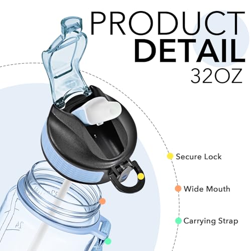 Hyeta Water Bottle with Straw & Time Marker, Plastic 32oz Leakproof | Motivational Tritan BPA Free Gym Office Outdoor Intake Tracker Hourly Reminder Straw Lid Carry Strap - color: Clear Blue