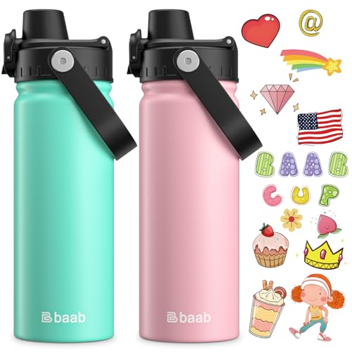 baab 18oz Kids Water Bottle, Insulated Kids Water Bottle with Lockable Spout Lid & Stickers, 18/8 Stainless Steel Vacuum Leakproof Kid Water Cup for Boy Girl School (Pink+Mint Green, 2 Pack) - color: Pink+Mint Green, size: 18 Ounces