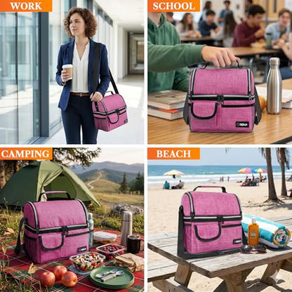 opux Insulated Lunch Bag Women Men, Dual Compartment Leakproof Lunch Box Adults Kids, Double Decker Meal Prep Bento Lunch Cooler Tote with Shoulder Strap for Work Office School Travel, Pink - color: Heather Pink