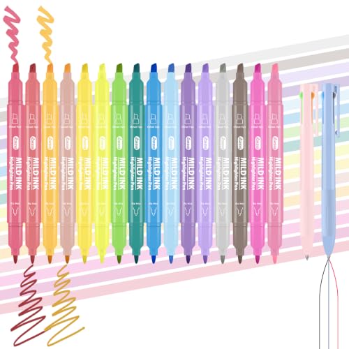 18 Pcs Aesthetic Highlighters and Gel Pens Set - 16 Colors Dual Tip Pastel Highlighters (Chisel & Fine Tips) & 2 Pcs 3-in-1 Multicolor Gel Pens for Journaling, School Supplies, Textbooks - size: 1 Count (Pack of 18)