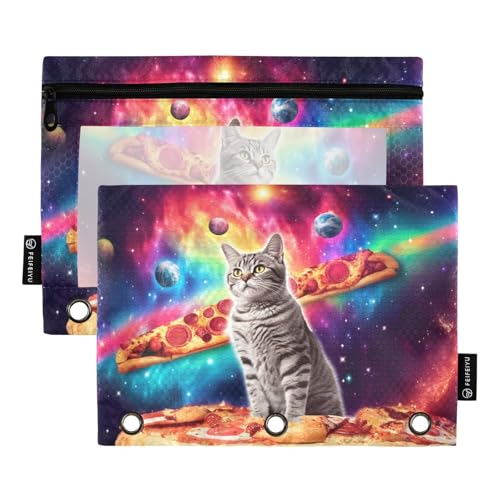Pencil Pouch for 3 Ring Binder, Cat Pizza Planets Large Pencil Case Clear Window Pen Bag, Zipper Binder Pouch Accessories for Office School Supplies, 2 Pack - color: A013, size: 9.84 x 7.08 x 0.19 in