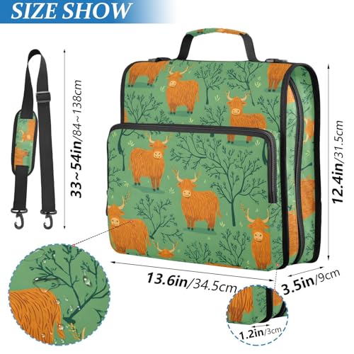 3 Ring Zipper Binder Highland Cow Green Tree Binders Bag with Shoulder Strap 500 Sheets Paper Organizer Trapper Keeper Documents Storage File Folder for School Office - color: A1359