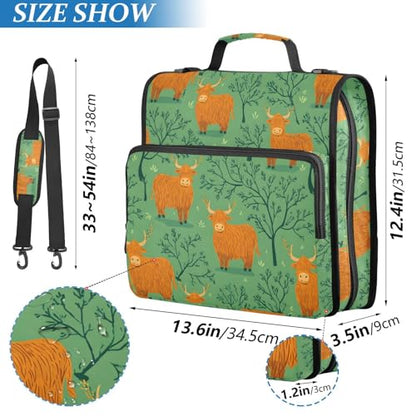 3 Ring Zipper Binder Highland Cow Green Tree Binders Bag with Shoulder Strap 500 Sheets Paper Organizer Trapper Keeper Documents Storage File Folder for School Office - color: A1359