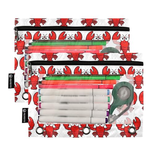 Lobster Pencil Pouches for 3 Ring Binder, Zipper Binder Pencil Case, 2 Pack Clear Window Case Bag for Office Organizers - color: Lobster