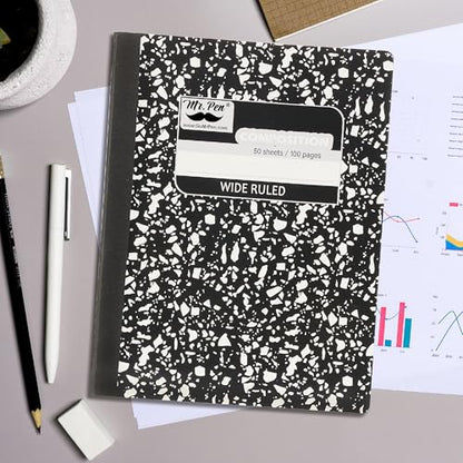 Mr. Pen- Composition Notebooks, 24 Pack, 50 Sheets, 9.75" x 7.5" | Black Marble, Wide Ruled, Bulk Composition Book with Hard Cover for School, College & Office Supplies - size: 24 Pack