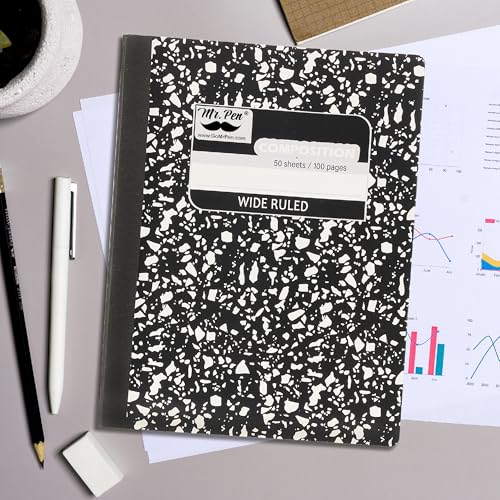 Mr. Pen- Composition Notebook, 2 Pack, Wide Ruled, 50 Sheets, 9.75" x 7.5" | Black Marble, Composition Book, Notebooks for School, Wide Ruled Composition Notebook, Journal Notebooks, Writing Notebooks - size: 2 Pack