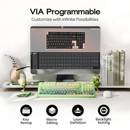 KiiBoom Phantom98 Lite 96% Wireless Mechanical Gaming Keyboard, VIA Programmable, Creamy Keyboard with Gasket, 8000mAh Battery, Hot Swap, RGB Backlits, NKRO for Win/Mac (Green, Mochi Switch) - color: Green, size: Mochi Switch