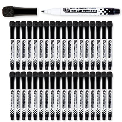 Glassboard Studio Black Fine Tip Dry Erase Markers Bulk 36-Pack with Magnetic Eraser Cap and Low Odor Ink for White Boards at School, Work, or Home