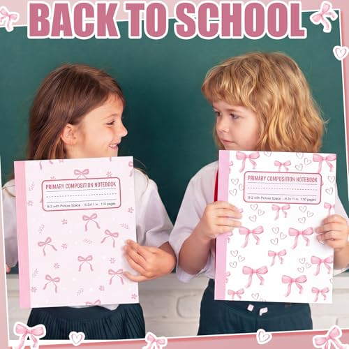 Gueevin 6 Pack Pink Bow Primary Composition Notebook with Picture Space Bulk for Grades K-2 110 Page 8.5 X11'' Half Primary Journal K-2 Drawing Story for Back to School First Day of School - style: Pink Bow