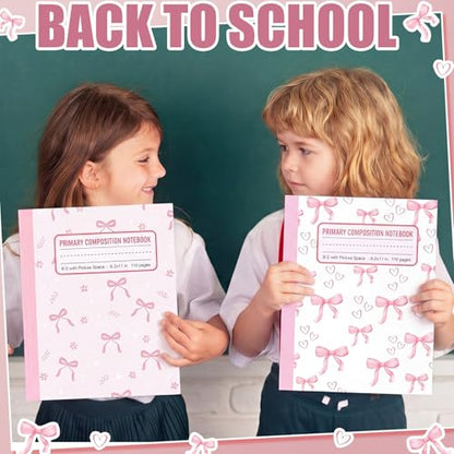 Gueevin 6 Pack Pink Bow Primary Composition Notebook with Picture Space Bulk for Grades K-2 110 Page 8.5 X11'' Half Primary Journal K-2 Drawing Story for Back to School First Day of School - style: Pink Bow