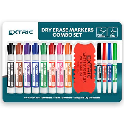 EXTRIC Dry Erase Markers with Eraser 12 PK Whiteboard Set Fine, Chisel | Whiteboard Markers Set with Eraser, 8 Chisel Tip and 4 Fine Tip Style, Low Odor and Non Toxic Ink for Classroom & Teacher - style: Mixed Tip With Eraser
