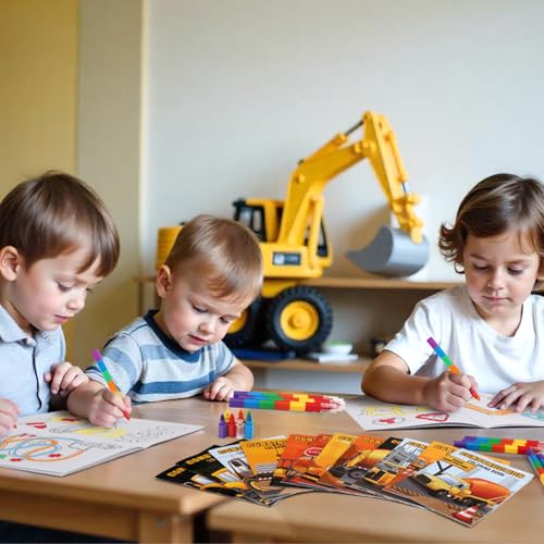 BenLouis 24 Construction Mini Coloring Books Kids with 24 Stacking Crayons Excavator Theme Party Favors Activity Books Bulk for Kids Construction Birthday Goodie Bag Gift Stuffer Classroom Reward - style: Construction