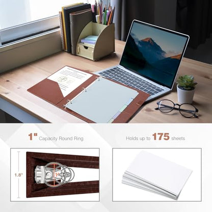 Ospelelf 3 Ring Binder with Clipboard, 1 Inch Leather, Brown, Letter Size (8.5" x 11"), 5 Tab Dividers - color: Reddish Brown, size: Letter Size - 1 Inch