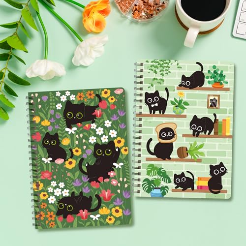 Black Cat Floral A5 Spiral Notebooks, 2Pcs 50 Sheets 100Pages Cute Spiral Travel Journal Notebook Cats Lovers Gifts Writing Notebook Sticky Notes Diary Journal for Student Teacher Classroom Office