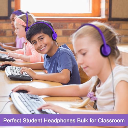 Yunsailing 30 Pack Bulk Headphones Set Over Ear Headphones with Adjustable Headband 3.5mm Plug Headsets Earphones for Learning Program, Computer Lab, Library, Testing & Multimedia Use (Purple) - color: Purple