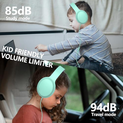Kids Headphones Wired,Wired Headphones for Kids Over Ear with Microphone,85/94dB Volume Limiter Headphone for Kids Boys Girls Teens Children,3.5mm Wired Foldable Headphone for School/Tablet (Green) - color: Green