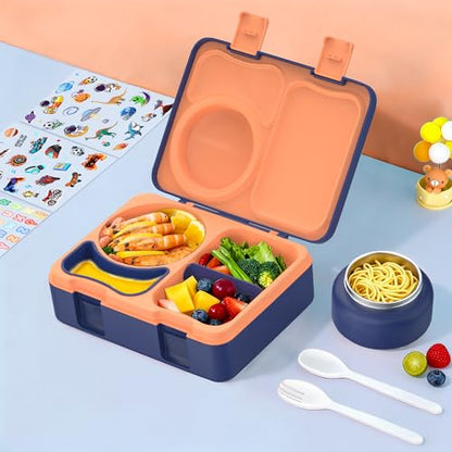 Bento Box for Kids, Leakproof Kids Bento Lunch Box Container with 8oz Insulated Thermo Food Jar, Sauce Jar, Utensil, DIY Stickers for School Boys Girls, 3-4 Compartments, BPA-Free - color: Navy Orange