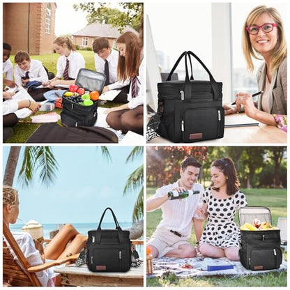 LOKASS Lunch Bag& Lunch Box for Men Women Double Deck,Large Insulated Adult Lunch Box Leakproof Lunchbox Cooler Bag for Work Picnic Beach,（Black,16L） - color: Black 2