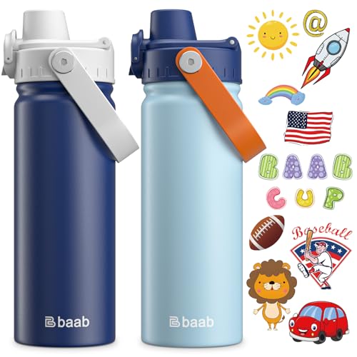 baab 18oz Kids Water Bottle, Insulated Kids Water Bottle with Lockable Spout Lid & Stickers, 18/8 Stainless Steel Vacuum Leakproof Kid Water Cup for Boy Girl & School (Navy Blue+Grey, 2 Pack) - color: Navy Blue+Grey, size: 18 Ounces