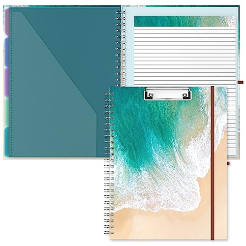 Hongri Clipboard Folio with Refillable Lined Notepad, 8.5 x 11 Folders with Storage 10 Pockets, Spiral Portfolio, Size 12.8x 9.7 in, Office & School Supplies, Beach - color: Beach