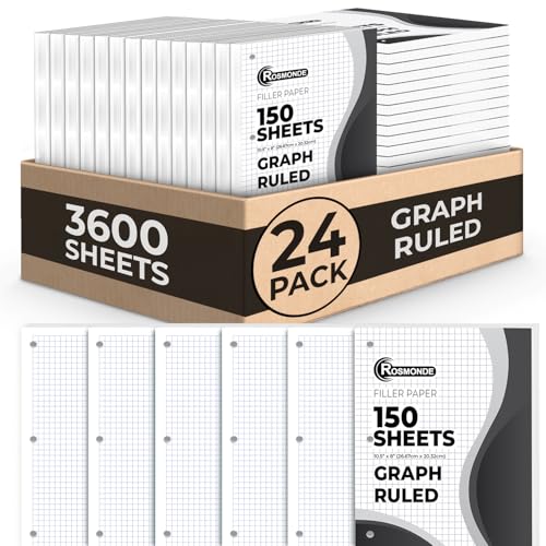 Rosmonde 24 Pack Graph Paper Bulk, 3600 Sheets, Bulk Loose Leaf Paper, 4x4 Grid Ruled, 8" x 10.5", Quad Ruled Bulk Filler Sheets, 54 GSM, 3 Hole Punched for Binders, Bulk Graphing Sheet, Bulk Supplies - size: 24 Pack (3600 Sheets)