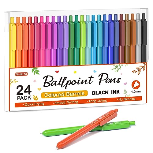 Shuttle Art Ballpoint Pens, 24 Pack Colored Retractable Black Ink Ball Point Pens, Cute Pens 1.0mm Medium Point Quick Drying for Writing Journaling Taking Notes School Office Home - color: 24 Black Ink