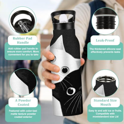 Insulated Water Bottle,Two Cats 20 oz Stainless Steel Water Bottles with Straw Lid,Black White Leak Resistant Double Insulated Flask with Handle,Fits Cup Holder,Keeps Drinks Cold - color: Two Cats,Black White