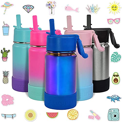 CHILLOUT LIFE 12oz Kids Insulated Stainless Steel Water Bottle with Leak Proof Straw Lid & 144 Stickers - color: Magic Blue, style: 12 oz
