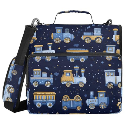 Fisyme Trains Cute Blue Zipper Binder 3 Ring with Zipper and Shoulder Strap Large Capacity Multi-Pocket Binder Organizer - color: Multi-cartoon Blue