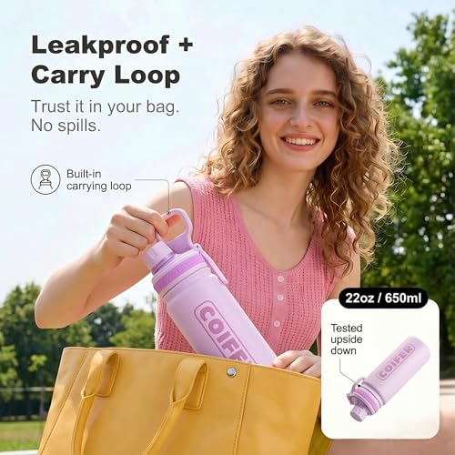 22 oz Insulated Water Bottle, Lightweight Stainless Steel Vacuum with Handle, Leakproof Dustproof Spout Lid, Wide Mouth BPA-Free, Cute for School Yoga Travel Commute Gifts for Women Girls - color: Purple