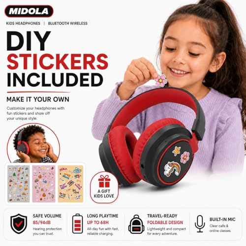 MIDOLA Kids Bluetooth Headphones 68H Play Time,Volume Limit 85/94dB, Foldable Lightweight Wireless Over-Ear Headphone for Toddler Kid Child Pad,Headsets with Aux Built-in Mic Black - color: Black