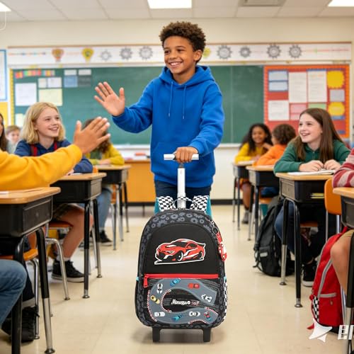 Kids Rolling Backpack for Boys 16.5" School Roller Backpack with Lunch Box, Toddler Backpacks with Wheels Rollig Wheeled Backpacks for Elementary School - color: Black Car