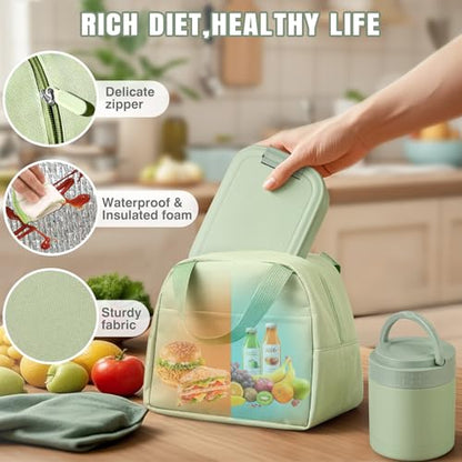 Large Bento Lunch Box Set for Adults Kids Women with 10.5oz Soup Thermo,Coffee Tumblers Men Girls Boys Teenagers Leak-Proof Lunch Food Containers with Lunch Bag - color: Green