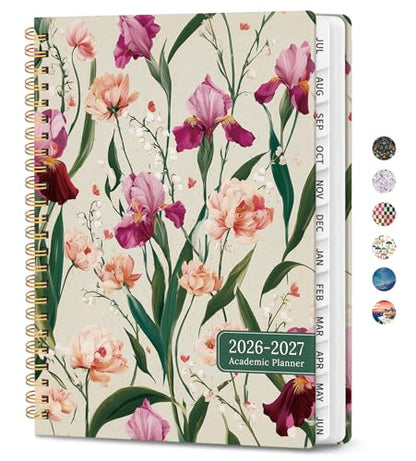 Planner 2026-2027, Academic Planner Weekly and Monthly, Jul 2026 - Jun 2027, Spiral Bound School Planning Tool with Tabs and Pocket, Perfect for Students & Teacher, 6.3" x 8.5", Iris Peony - color: O-Iris Peony, size: 6.3"x8.5" (A5)
