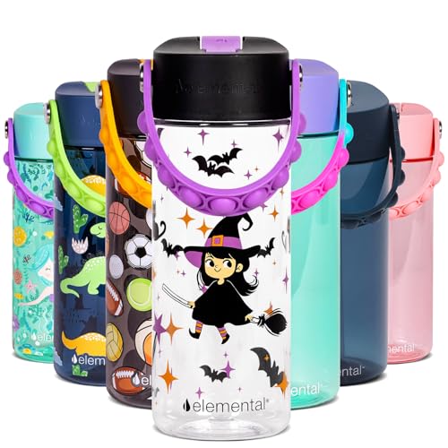 Elemental Water Bottles for Kids - Splash Kids Water Bottle for School with Pop-it Handle - BPA Free Tritan Plastic Water Bottle with Straw Leak Proof when Spout is Closed - Little Witch - 18oz - color: Little Witch