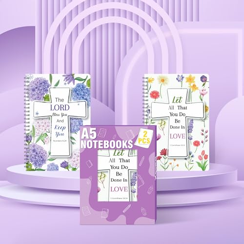 Xqumoi 2Pack A5 Floral Cross Religious Spiral Notebooks - Bible Verses Writing Notebooks, Ruled Lined Journal, Inspirational Christian Christmas Gift, Sunday School Supply (Purple & Yellow) - style: E-Purple Yellow Floral