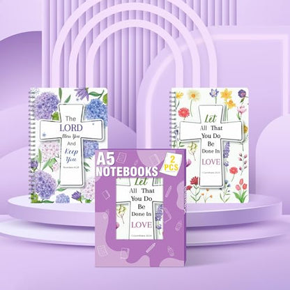 Xqumoi 2Pack A5 Floral Cross Religious Spiral Notebooks - Bible Verses Writing Notebooks, Ruled Lined Journal, Inspirational Christian Christmas Gift, Sunday School Supply (Purple & Yellow) - style: E-Purple Yellow Floral