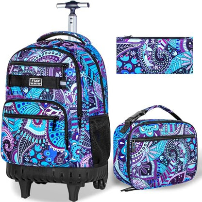 gxtvo Rolling Backpack for Women, Adults Wheeled Bookbag with Lunch Box for Girls, Water Resistant Roller School Bag for College Teens Kids Travel - Purple Flower - color: Purple Flower