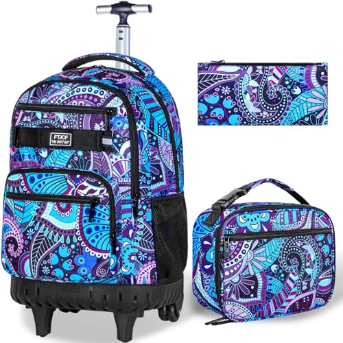 gxtvo Rolling Backpack for Women, Adults Wheeled Bookbag with Lunch Box for Girls, Water Resistant Roller School Bag for College Teens Kids Travel - Purple Flower - color: Purple Flower