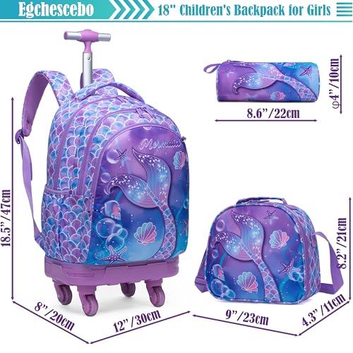 Kids Rolling Backpack for Girls Mermaids Suitcases Trolley Roller Luggage Backpacks with 360° Rotating Wheels 15" Laptop Lunch Box Pencil Case for Elementary 18" Travel School Bag Purple - color: Purple-yuwei-1220