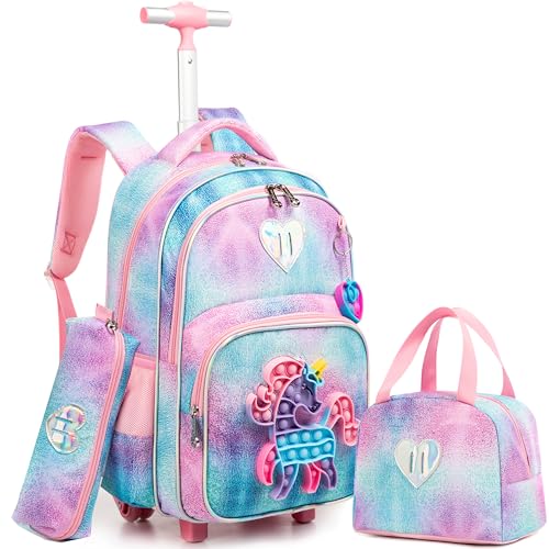 Meetbelify Unicorn Rolling Backpack for Girls Wheels Backpacks for Elementary Student Wheeled Trolley Trip Kids Luggage for Teen Girls with Lunch Box Pencil Case - color: 01 Unicorn Purple