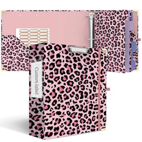 3 Ring Binder 3 Inch, Cute Round Ring Binder with 6 Tab Dividers & Label Stickers, Low Profile Clipboard with Storage, Fashion Binder for School Office Supplies (Pink Leopard) - color: Pink Leopard, size: 3 Inch