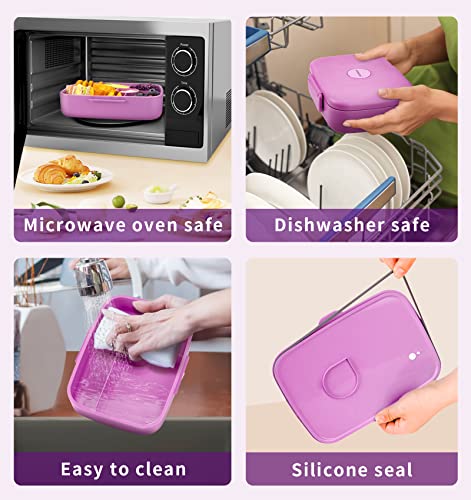 Bento Lunch Box with Kids/Adults, 5 Compartments Leakproof Lunch Container with Dressing Cup, Eco-Friendly Double Insulated Boxes, Dishwasher and Microwave Safe, BPA-Free (purple) - color: Purple
