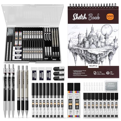 Nicpro 37PCS Art Drawing Supplies Kit, Metal Mechanical Pencil Set 0.5, 0.7, 0.9 & 2mm, 100 Sheets 9x12 Sketch Book, 288PCS Leads, School Supplies Drawing Kit for Artist Adults Teens Kids Sketching - size: 37