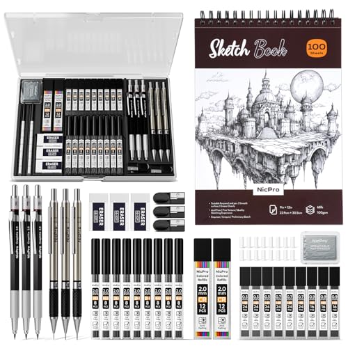 Nicpro 37PCS Art Drawing Supplies Kit, Metal Mechanical Pencil Set 0.5, 0.7, 0.9 & 2mm, 100 Sheets 9x12 Sketch Book, 288PCS Leads, School Supplies Drawing Kit for Artist Adults Teens Kids Sketching - size: 37
