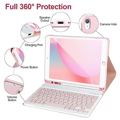 AHYWTAN Keyboard Case for iPad 9/8/7th Gen 10.2’’,Case with Keyboard ipad 10.2 inch,Detachable Bluetooth Keyboard with Pencil Holder,Pink - color: Pink