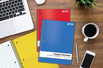 Better Office Products Spiral Notebooks 3-Subject, 6 Pack, College Rule, 120 Sheet Notebook with Sturdy Pocket Dividers, 10.5 x 8 inches, 6 Assorted Primary Colors, 6 Pack