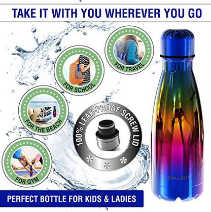 CHILLOUT LIFE 12oz Kids Insulated Stainless Steel Water Bottle, Leak Proof | Small Metal Water Bottle, Keeps Drinks Cold 24H & Hot 12H, Leak-Proof Screw Lid, Perfect for School, Travel & Sports - color: UV Rainbow