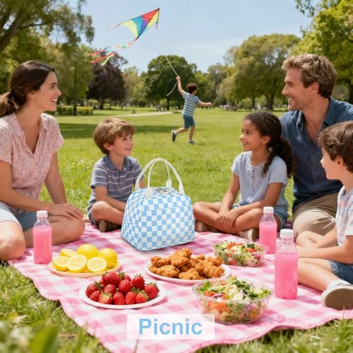 LEDAOU Kids Lunch Bag for Girls, Insulated School Lunch Box, Lightweight | Insulated interior, lightweight design, front pocket, smooth dual zippers, ideal for school and travel - color: Blue White Checkered